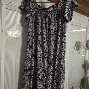 Women's Navy Floral Midi Dress - Casual Off-Shoulder Style